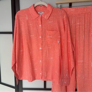 [S] DKNY Spring Coral Pink With White Polka Dots 2pc Long Sleeve Pajama Set
